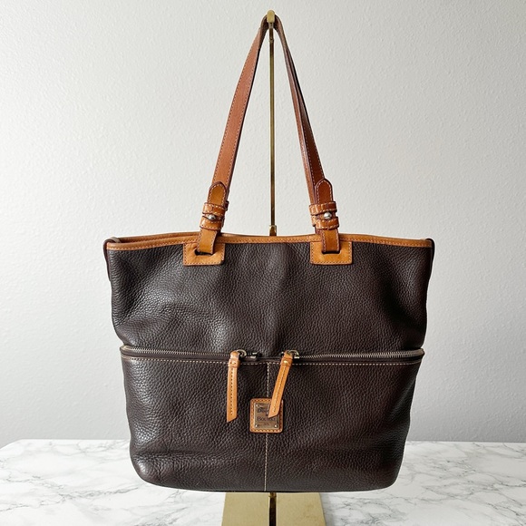 Dooney & Bourke Handbags - 8. Dooney & Bourke Dark Brown Pebbled Leather Tan Trim Shoulder Tote Bag